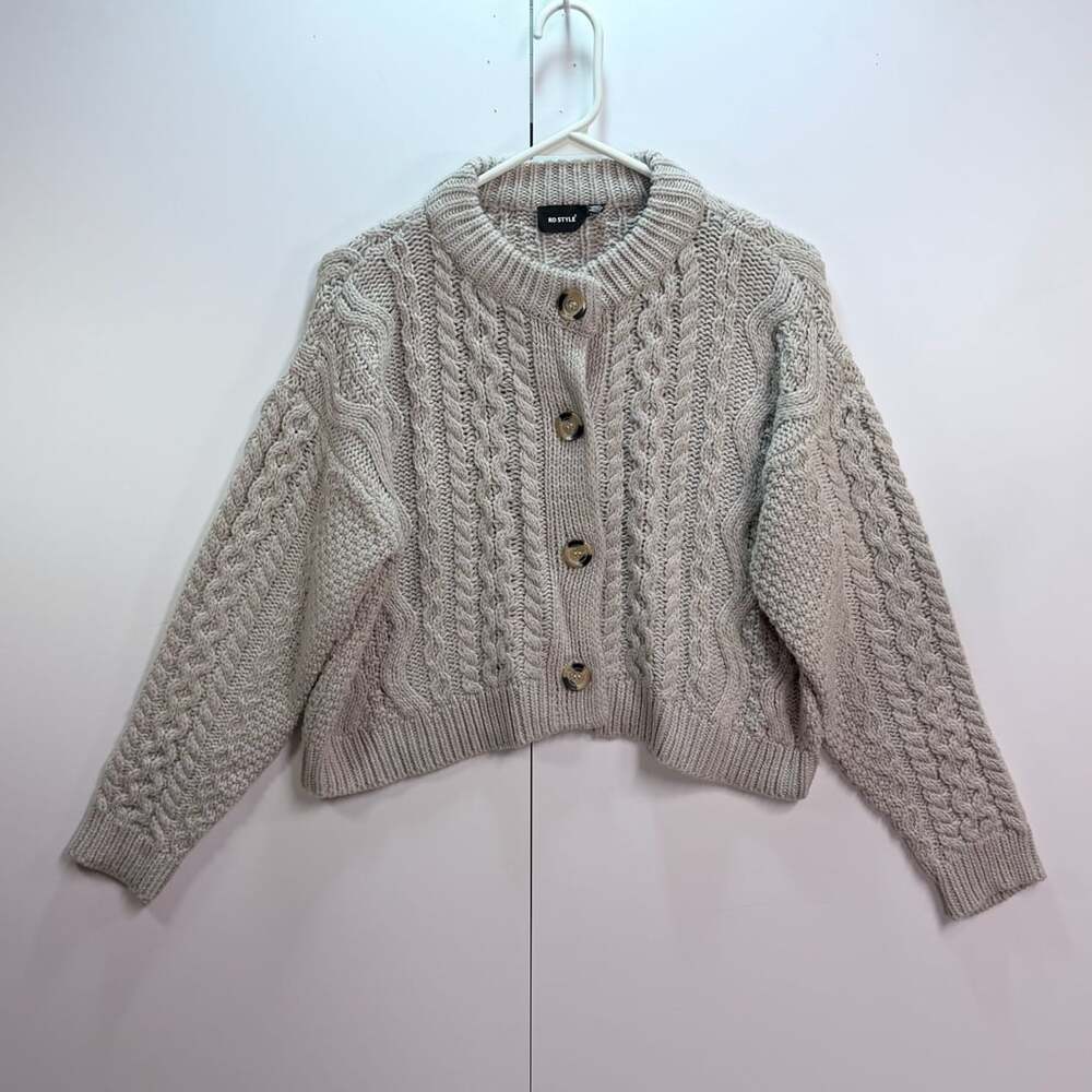 RD Style Cable Knit Cropped Cardigan Sweater Gray Size S